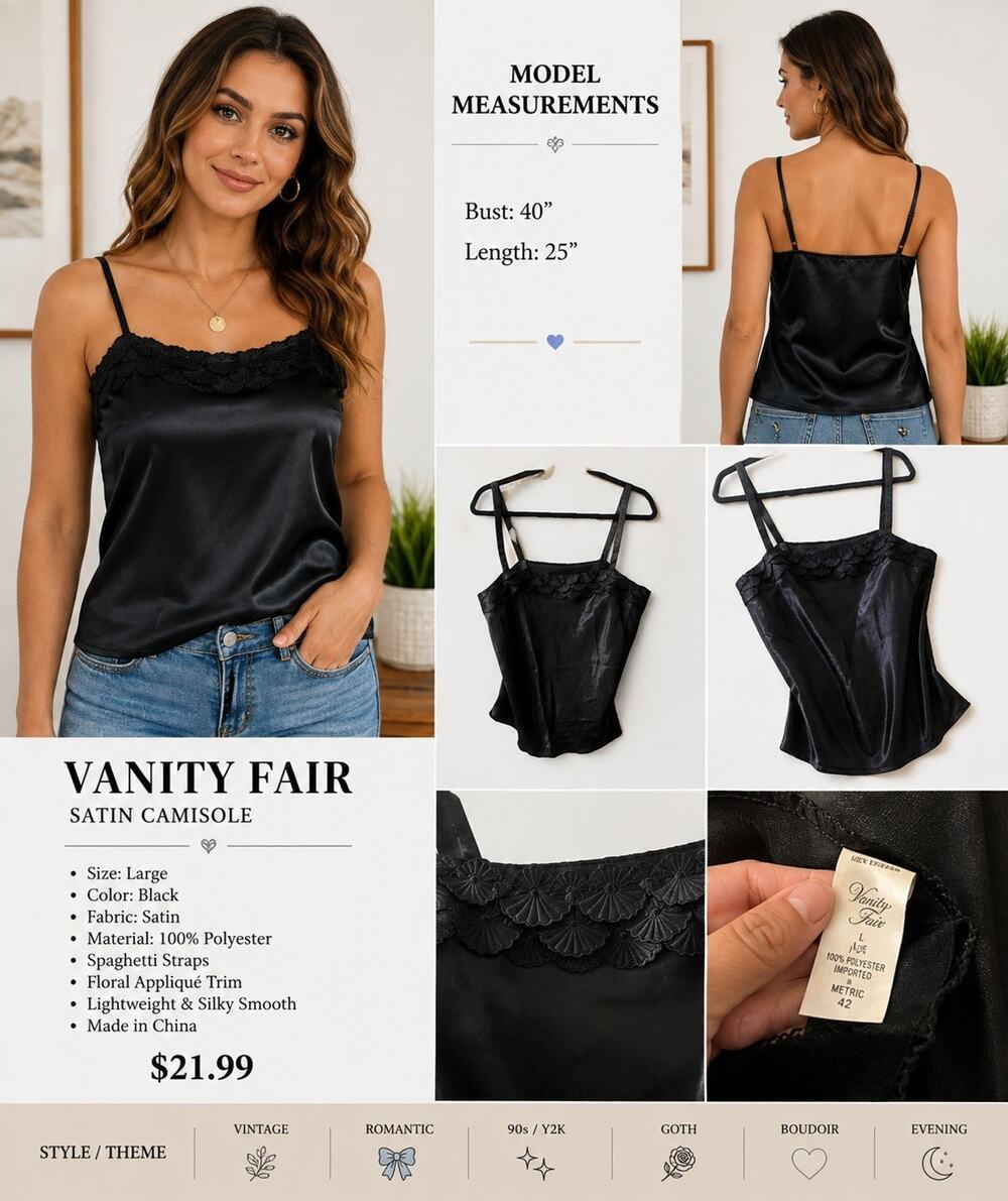 Vintage Vanity Fair Camisole Size L Black Satin Floral Appliqué Lingerie Top EUC